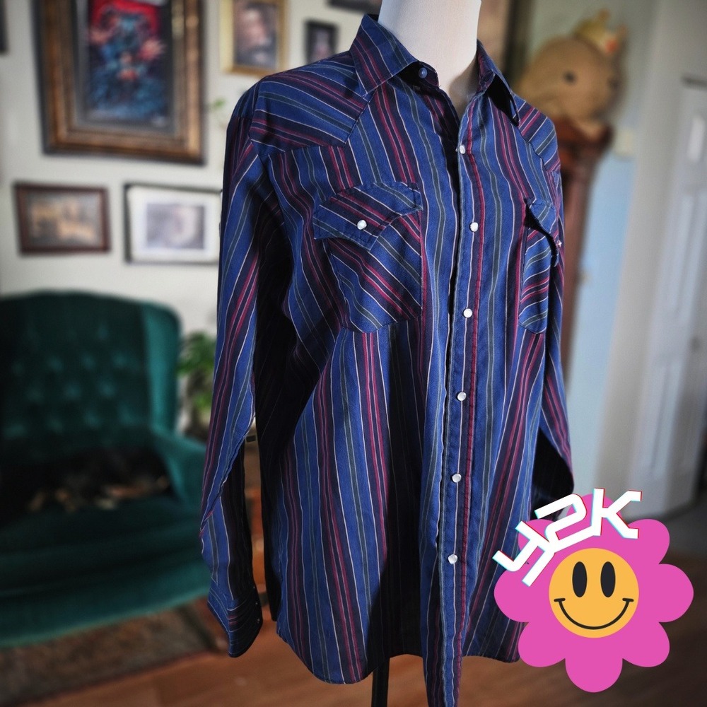 Vintage Y2K Ely Cattleman‎ Western Cowboy Rodeo Shirt Blue Striped Long Sleeve